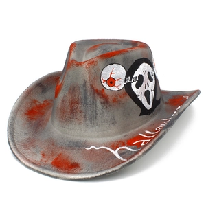 Detail of grey Halloween cowboy hat featuring red blood splatters and Ghostface design