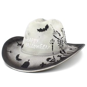 Detail view of Halloween cowboy hat with skeleton patterns and Happy Halloween text