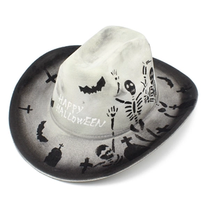 Detail of Halloween cowboy hat with black and white gradient and spooky festive prints