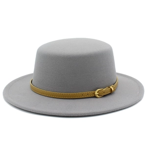 Elegant grey flat-top wool fedora hat with a tan leather belt and golden buckle