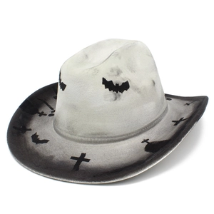 Detail of Halloween cowboy hat with grey gradient felt and black bat pattern motifs