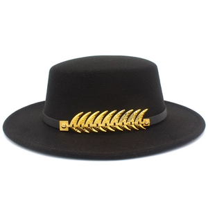 Classic black flat top fedora hat with elegant golden wheat-shaped metal buckle accessory
