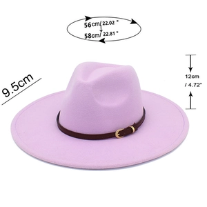 Detail view of purple wool fedora hat with size specs 9.5cm brim and 12cm crown height