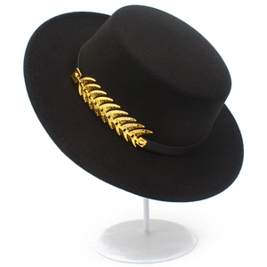 Classic black flat brim fedora hat featuring a stylish gold feather metal accessory