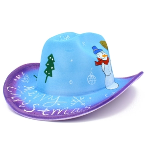 Detail of Christmas cowboy hat with snowman pattern and Merry Christmas lettering