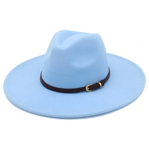 Close-up of sky blue fedora wool hat with dark brown leather strap and gold buckle