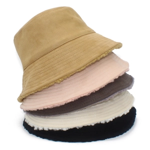 Faux Suede Reversible Bucket Hat For Women Winter Warm Sherpa Lined Fisherman Cap Solid Color Foldable Outdoor Sun Hat