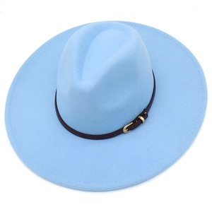 Classic light blue wide brim wool fedora hat with brown faux leather belt and gold buckle