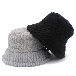 Plush lamb wool bucket hat in black and gray, thick windproof winter fisherman cap set