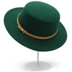 Elegant dark green wool felt flat top fedora hat with brown belted gold buckle accessory