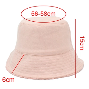 Detail of pink lamb wool bucket hat with measurements 56-58cm head circumference