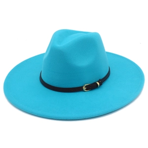 Detail of teal fedora hat showing textured wool finish and black belt with gold buckle