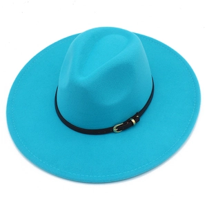 Classic bright blue wool felt fedora hat with wide brim and black leather buckle band