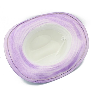 Internal view of purple party cowboy hat showing 100% polyester material and sweatband