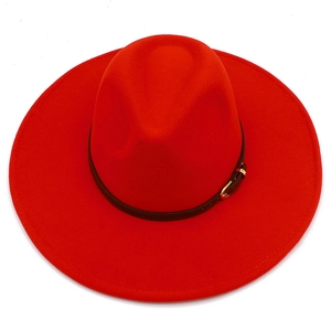 Classic wide brim red wool fedora hat with brown faux leather belt for men and women
