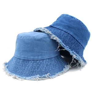 Bob en Denim Effiloché Unisex Usé Coton Couleur Unie Streetwear Pare-soleil Extérieur Chapeau de Pêcheur pour Femmes Hommes