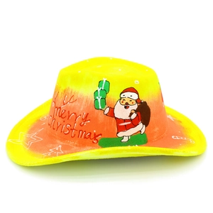 Detail of yellow gradient cowboy hat with Merry Christmas hand-painted Santa design