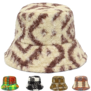Thick warm wool bucket hat for women in various stylish plaid and wave patterns
