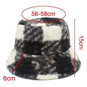 Detail view of checkerboard bucket hat with dimensions including 15cm height and 6cm brim