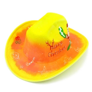 Top view of yellow gradient Christmas cowboy hat with festive doodles and Merry Christmas text