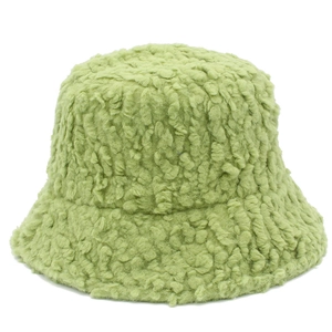Thick light green faux lamb wool bucket hat for women with warm teddy fleece texture