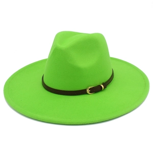 Detail of neon green wool fedora hat with dark brown leather belt and golden buckle