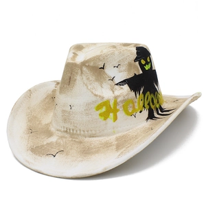 Detail view of distressed white Halloween cowboy hat featuring black scarecrow silhouette print
