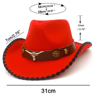 Detail view of red western cowboy hat with bull head emblem and dimension markers