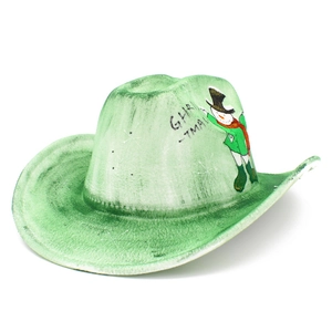 Green western cowboy hat featuring hand-painted snowman design and vintage texture finish