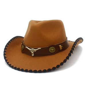Brown wool felt western cowboy hat with vintage bull head metal ornament and braided brim