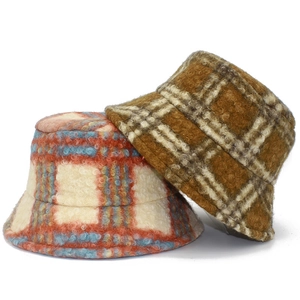Women's vintage plaid wool bucket hat with thick plush warmth for autumn and winter