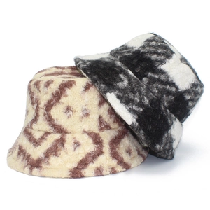 Women's plaid lamb wool bucket hats in beige geometric and classic black-white patterns