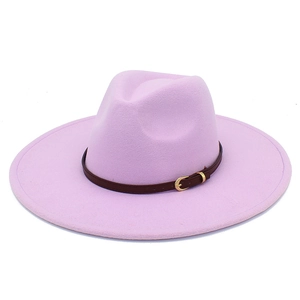 Detail of lavender wool felt fedora hat with brown leather belt and gold metal buckle