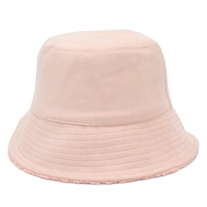 Detail of pink lamb wool bucket hat featuring reinforced brim stitching and soft texture