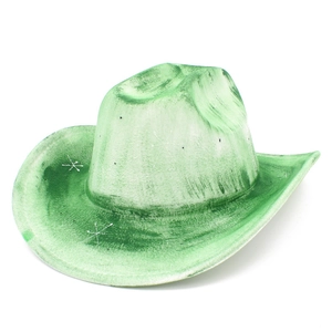 Detail of green and white distressed cowboy hat with star patterns for festive parties