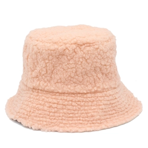 Detailed close-up showing soft plush texture of the pink lamb wool bucket hat for winter