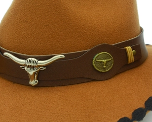 Detail of western cowboy hat with silver bull head carving and leather decorative band