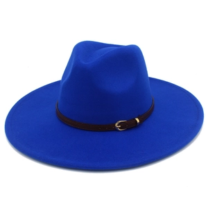 Detail view of royal blue wool fedora hat with brown leather belt and gold buckle