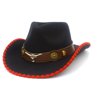 Classic black cowboy hat with red stitched brim and metallic longhorn emblem decor