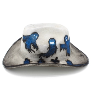 Distressed Halloween cowboy hat with blue glitter ghost prints and spooky tombstone details