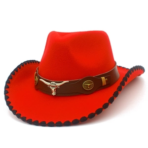 Red western cowboy hat with wool felt texture and silver bull head metal ornament