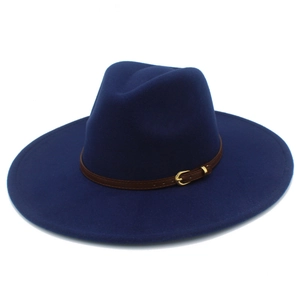 Detail of navy blue wool fedora hat with a brown leather belt strap and gold metal buckle