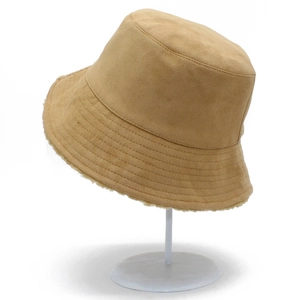 Camel suede bucket hat with white faux shearling lining and stylish stitched brim