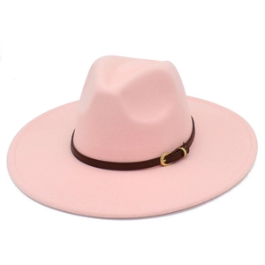 Detail of pink wool fedora with dark brown leather band and gold metal eyelet accents