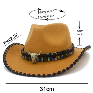 Detail view of western cowboy hat with ethnic band, silver bull skull, and size measurements