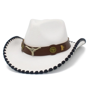 Detailed view of white felt cowboy hat with bull head emblem and braided edge trim