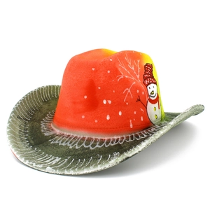 Detail of Christmas cowboy hat with snowman pattern and orange green gradient finish