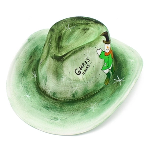 Detail of light green cowboy hat with hand-painted Christmas snowman and festive text
