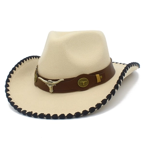 Retro Western Cowboy Hat For Men Women Wide Brim Felt Fedora Bull Head Metal Decor Leather Band Out Door Sun Hat