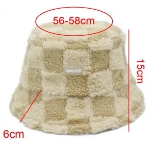 Detail showing checkered lamb wool bucket hat with size labels and Immune brand tag